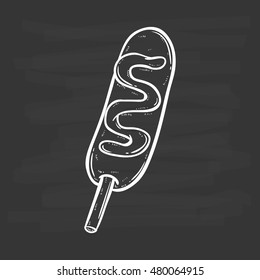 sausage stick with chili sauce using doodle art on chalkboard background