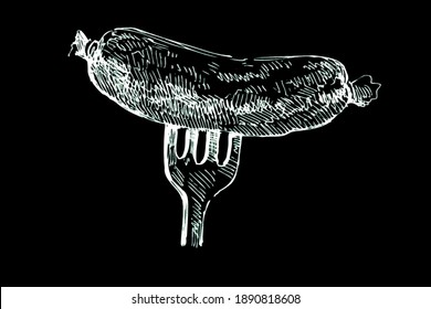Sausage strung on a fork on a dark background. Photo of the drawing.