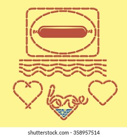 Sausage symbol and continuous linked sausages, hearts, typography.