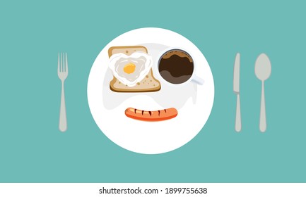 Sausage, toast, fried egg, heart shape and coffee on a plate. Delicious breakfast concept.