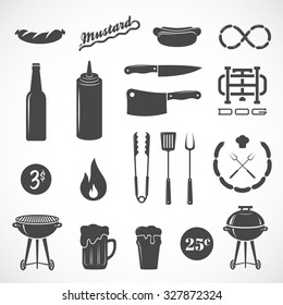 Sausage Vector Flat Icons and Design Elements Such as Grill, Knife, Fire, Beer, etc. Isolated.