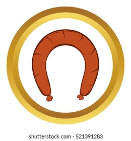 Sausage vector icon in golden circle, cartoon style isolated on white background