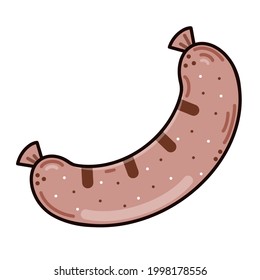 Sausage vector icon. Isolated illustration on white. Food sketch. Colored doodle. Appetizing grilled sausage. Flat cartoon style. Hand-drawn meat product.