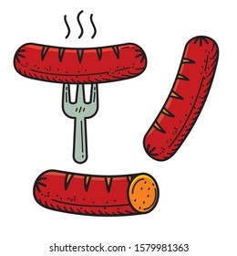 Sausage vector illustration with colored hand drawn style isolated on white background. Sausage doodle 