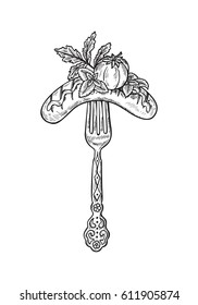Sausage with vegetables on a fork. Charcuterie. Hand Drawn Sketch Grill Food.  Sausage with tomato, herbs (Parsley and Basil leaves) and mustard sauce. Vector Illustration  