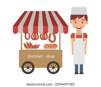 Sausage vendor and street kiosk. Flat style illustration, vector	
