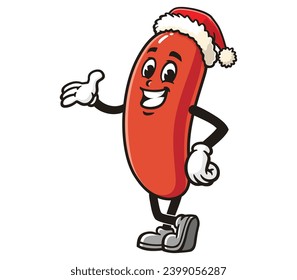 Sausage is wearing a Christmas hat cartoon mascot illustration character vector clip art