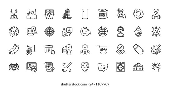 Sausage, Winner cup and World insurance line icons pack. AI, Question and Answer, Map pin icons. Recovery gear, Music phone, Cake web icon. Yummy smile, Calendar, Like photo pictogram. Vector