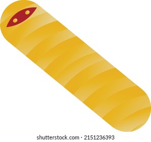 sausage wrapped in baked dough and a slit in the dough with eyes