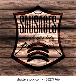 Sausages, Barbeque, grill on background of a wooden board. Vector, illustration.