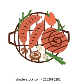 Sausages BBQ. Grill sausages. Grilled sausages on the grid. Picnic food. Summer BBQ graphic element isolated. Hand drawn barbecue vector illustration.