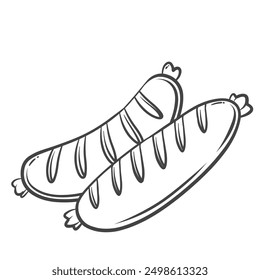 Sausages for BBQ line icon. Hand drawn retro bratwurst made of pork, beef or veal meat, doodle hot dog ingredient. Barbecue party, delicatessen food mascot, outline sausages icon vector illustration