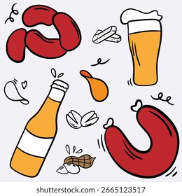 Sausages with beer, doodle, vectorprint