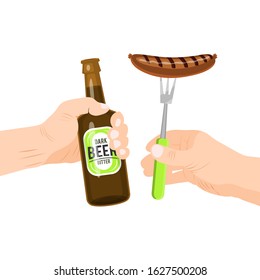 Sausages and beer isolated vector illustration. Hands holding sausage and bottle of beer. Traditional snacks for Oktoberfest party