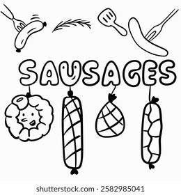 Sausages, big vector set with different sausages hanging, fork with sausage, lettering for logo, branding, packaging design