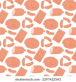 Sausages, bologna and ham seamless pattern. Background with prepared meat. Grocery meat print for packaging and design, flat vector illustration