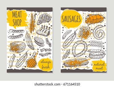 Sausages brochure flyer design. Meat shop. Retro background. Hand drawn vector illustration. Can be used for festival, menu, cafe, restaurant, bar, poster, banner, emblem, sticker, placard.