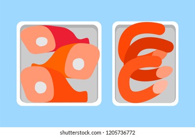 Sausages and chicken, lamb legs in plastic tray, retail market. Butchery food and meat products in package vector icon in flat style, fresh organic poultry