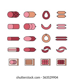 Sausages collection. Various sausages and meat products icon set.