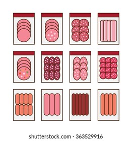 Sausages collection. Various sausages and meat products icon set.