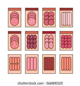 Sausages collection. Various sausages and meat products icon set.