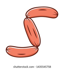Sausages color icon. Butchers meat. Semifinished. Meat production and sale. Half stuff for lunch and barbecue. Butchery business. Isolated vector illustration