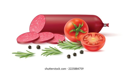 Wurstherstellung. Realistische Salami, geräucherte Fleischgerichte, ganze und geschnittene Wurst mit Rosmarin, Pfeffer und Tomaten, 3D-Elemente einzeln auf weißem Hintergrund, vollwertiges Vektorkonzept