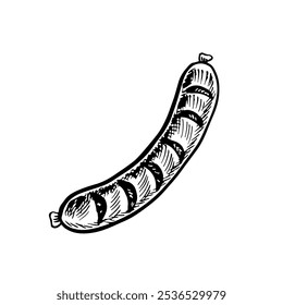 Sausages cooked on a barbecue grill. Vector graphics with the image of a fried sausage. A black-and-white hand-drawn illustration of the dish. On a white background. For a menu, label, cooking recipes