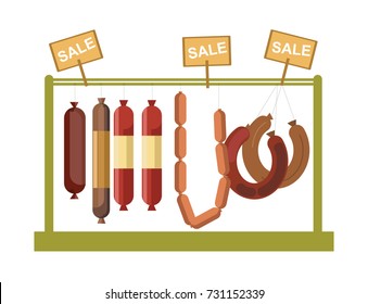 Sausages counter display or butcher shop meat gastronomy products store vector window