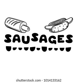 Sausages cover for cafe. Sketch concept illustration. Linear graphic. Food flyer. Hot dog