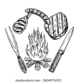 Sausages, drumstick and grilled steak over a campfire. Vector graphics depicting a barbecue. A black-and-white hand-drawn illustration. On a white background. For a menu, poster, recipes, invitations