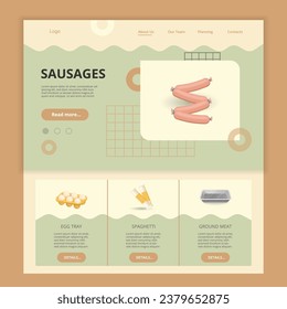 Wurst flach Landing Page Website Vorlage. Ei-Tablett, Spaghetti, Fleisch gemahlen. Webbanner mit Header, Inhalt und Fußzeile. Vektorgrafik.