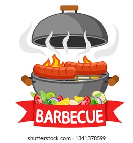 Sausages are fried in a barbecue, a red ribbon with vegetables on a white background.