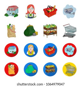 Sausages, fruit, cart .Supermarket set collection icons in cartoon,flat style vector symbol stock illustration web.