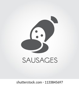 Sausages glyph icon. Salami for lunch and snacks. Contour food emblem for grocery stores, menu, price list and other design needs. Vector illustration in black flat style. Gastronomy theme