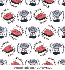 Sausages and Grill. Seamless pattern on a white background. Cute vector illustration.