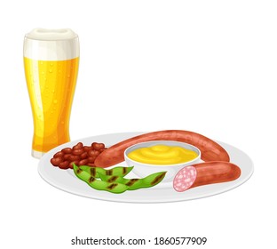 Sausages with Grilled Green Pea and Beer Mug Vector Illustration