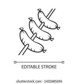 Sausages grilling on skewer linear icon. Butcher shop, meat. Unhealthy nutrition, fast food. Meat cookery. Thin line illustration. Contour symbol. Vector isolated outline drawing. Editable stroke