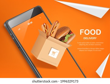 Sausages and hamburgers in a box with a shopping cart image and all on smartphone for food delivery and shopping online concept,vector 3d on orange background for food advertising design