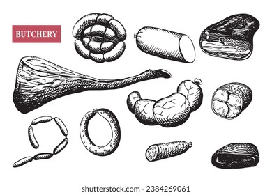 Sausages hand drawn. Engraved vector illustration smoked meat products isolated background. Vintage sketch of bacon, sausages, jamon, basturma, salami. Tasty meal, delicious snacks, butchery products