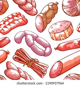 Sausages hand drawn pattern on white background. Bacon, sausages, ham and salami shop colorful design, grocery store advertisements. Vector illustration isolated from background.