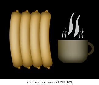 sausages, hot coffee or tea on a black background vector graphics