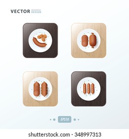 sausages, Hot dog Icons design food on wood