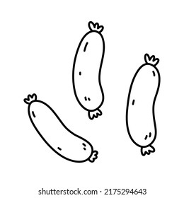Sausages isolated on white background. Pork or beef meat delicacy. Vector hand-drawn illustration in doodle style. Perfect for recipes, decoration, logo, menu, various designs.