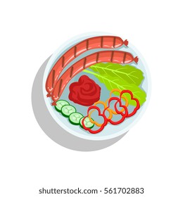Sausages With Ketchup And Fresh Vegetables, Oktoberfest Grill Food Plate Illustration