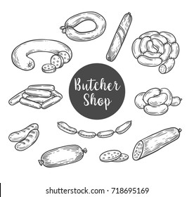 Sausages and kielbasa, wurst sketch for butcher shop . Ham salami and lyon sausage bundle or curry wursts. farm market, beef steak, gourmet products theme