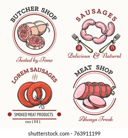 Sausages logo set. Meat products labels for butcher shop vector illustration