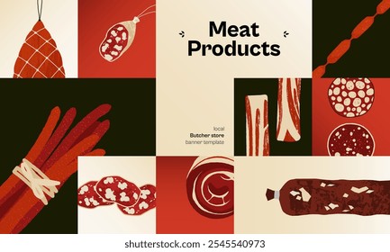 Sausages meat banner. Abstract poster of pork beef salami snack, gourmet food for restaurant menu design, delicious organic products. Vector illustration.