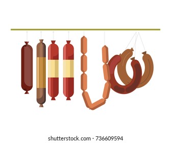 Sausages meat counter display or butcher shop gastronomy products store vector