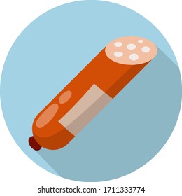 Sausages. Meat food. Icon for the app in a blue circle. Red nutrient object. Sliced half of bologna for a sandwich